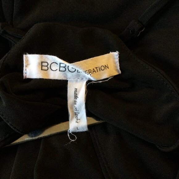 BCBG Party Cocktail Dress Large Black Draped Front Pockets Flirty LBD - Picture 10 of 11